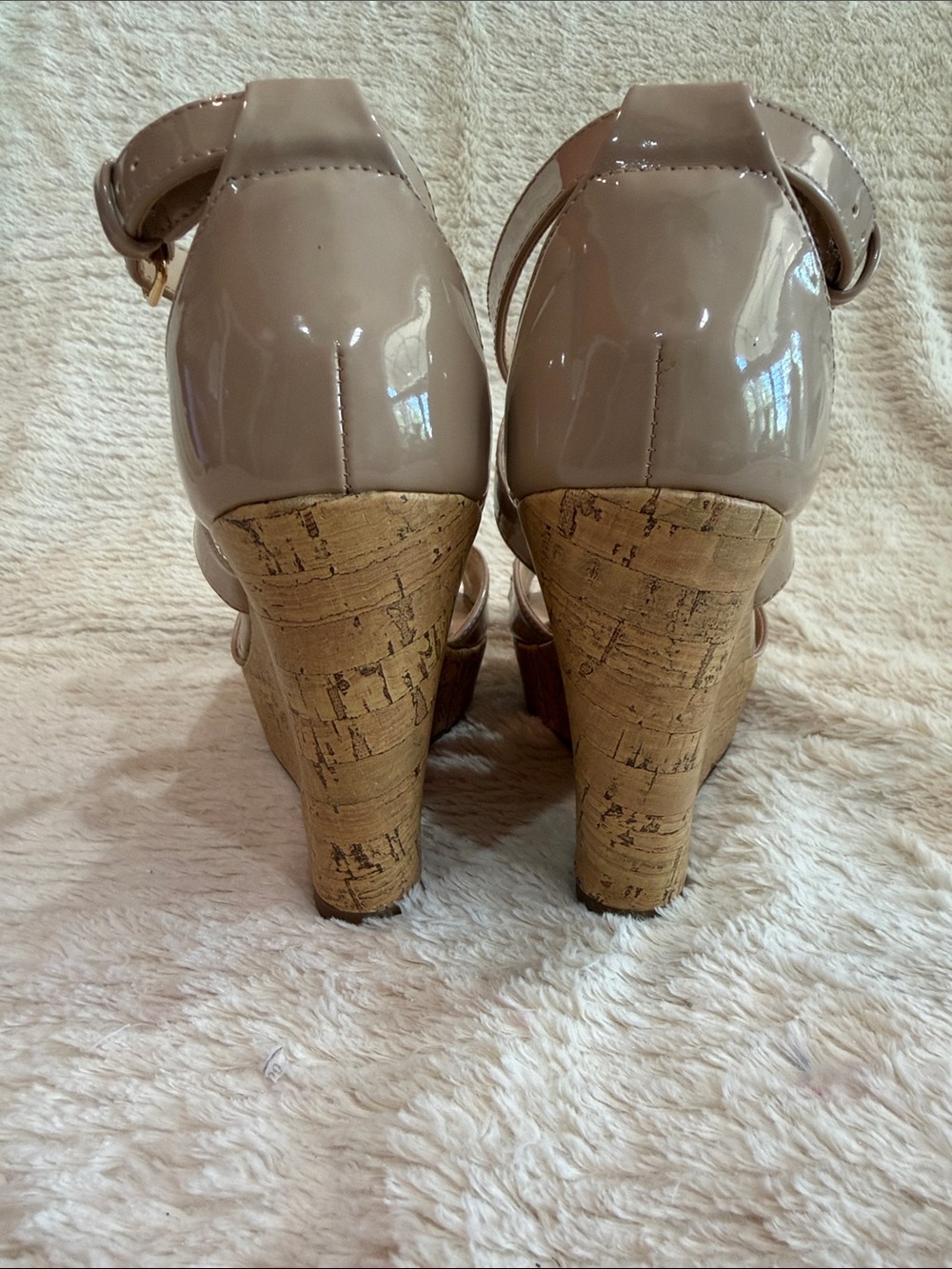 Marc Fisher Nude Patent Leather Strappy Heels with Gold Medallion - Picture 3 of 5